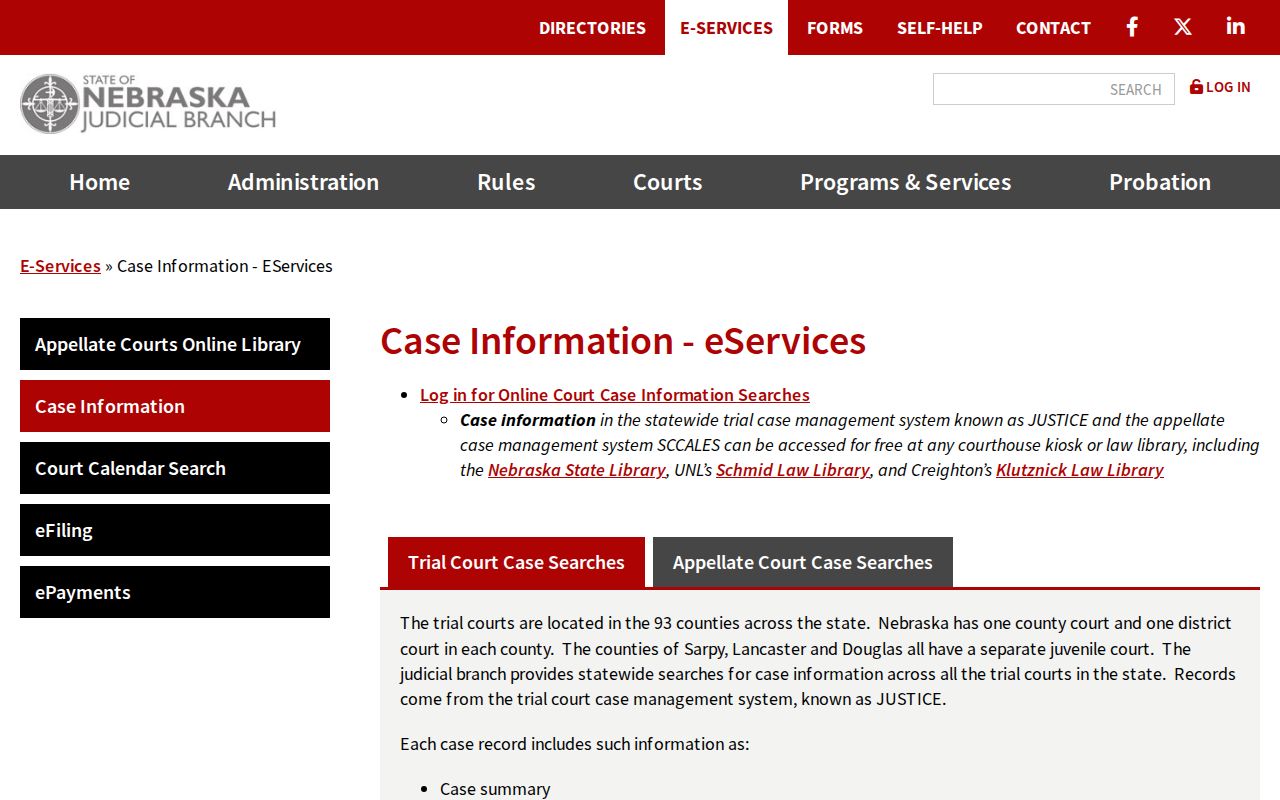 Nebraska JUSTICE court case information interface