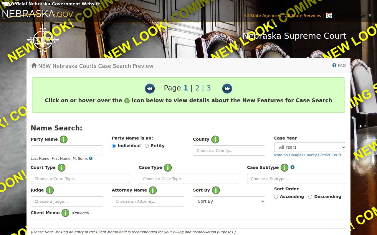 JUSTICE party name and court search fields