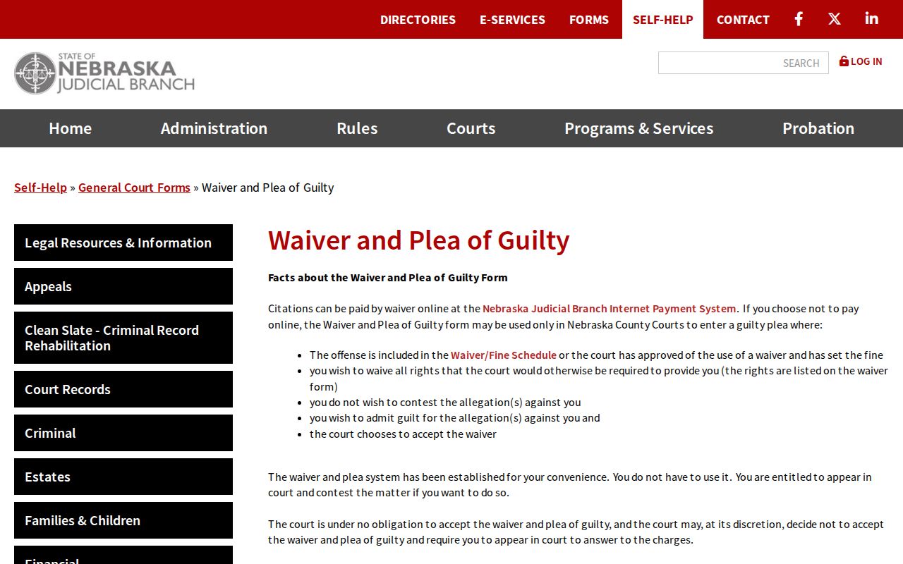 Nebraska traffic waiver and plea form guidance
