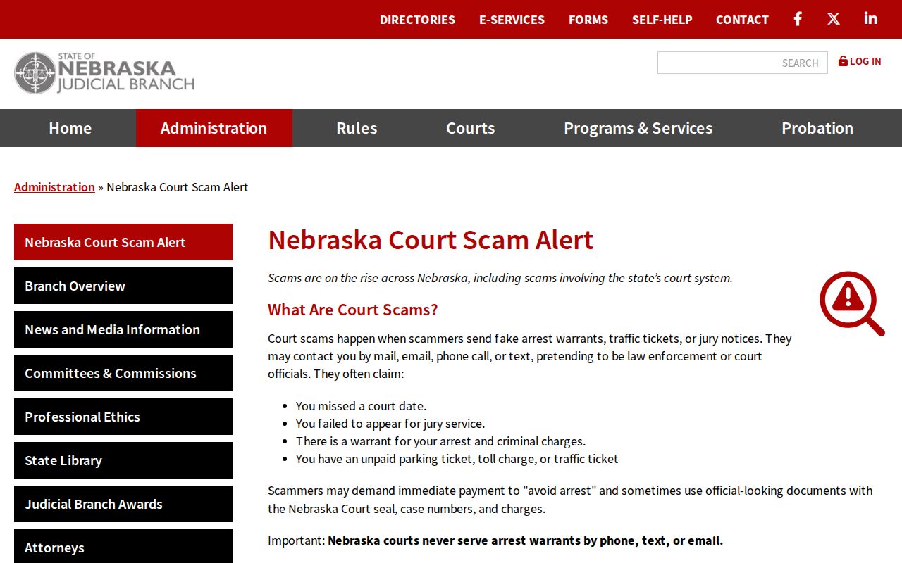 Nebraska Judicial Branch court scam warning